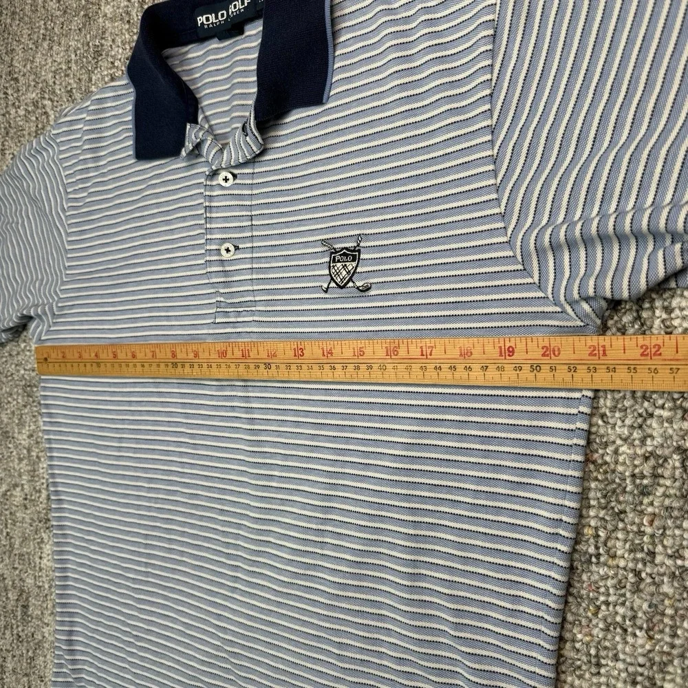 Vintage Ralph Lauren Polo Shirt Mens Medium Striped Golf Rugby Preppy Blue